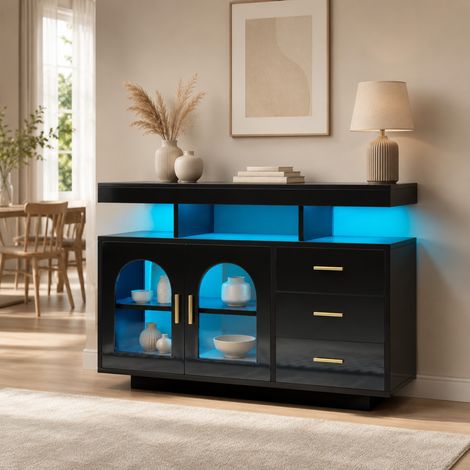 Aparador 120/40/80 cm negro brillo con LED y gran capacidad (1/5)