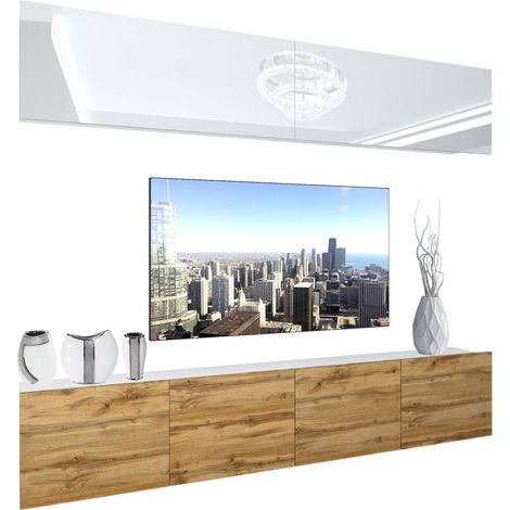 BELINI Wohnwand Vollausstattung Wohnzimmer-Set Moderne Schrankwand mit LED-Beleuchtung Anbauwand TV-Schrank Weiß/Eiche Wotan