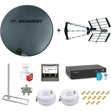 Kit Parabole Fibre 75cm + Antenne TNT + Support Toit + LNB Quad + Coupleur SAT TV + Décodeur Fransat + 2 Câbles Twin 25m + 14 Fiches (1/5)