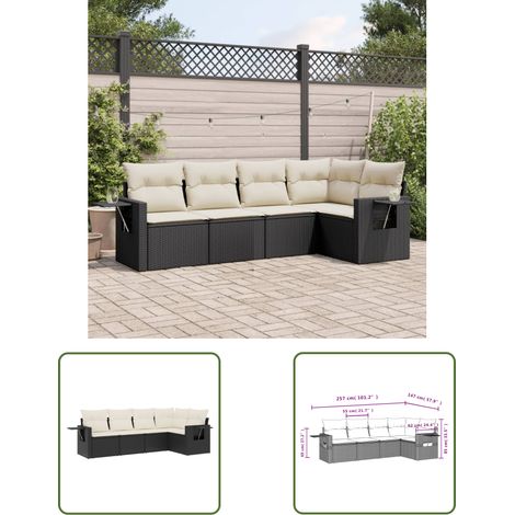 The Living Store Salon de jardin 5 pcs avec coussins noir résine tressée - Ensemble Salon Jardin - Meuble Extérieur - Résine Tressée - Rotin Synthétique - Mobilier De Jardin (1/3)