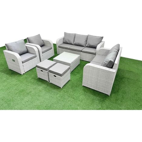 Fimous PE Rattan Garden Furniture Set Adjustable Chair Sofa Double Love Seat 2 Seater Sofa Lounge Set Square Coffee Table 2 Stools Light Grey (1/4)