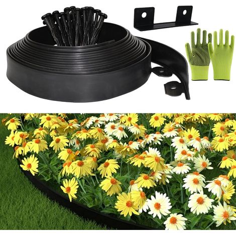 Bordure Jardin Exterieur, Bordure de Jardin Flexible Plastique 5cmx10m, Comprend 30 Pointes d'ancrage et 1 connecteurs Inclus, avec Une Paire de Gants, Bordures Jardin Décorative (Noir, 5cmx10m) (1/5)