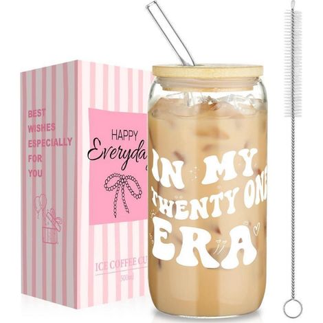 Trinkglas 500ml mit Deckel & Strohhalm, 21. Geburtstag Geschenkidee