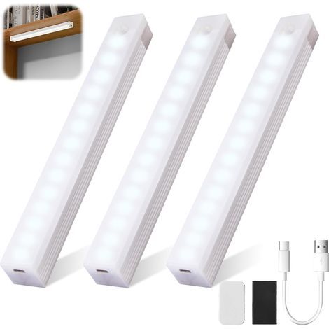Lumière LED avec détecteur de mouvement, rechargeable USB-C, magnétique, pour armoires, escaliers et cuisines, pack de 3, 30 cm, lumière blanche. (1/5)