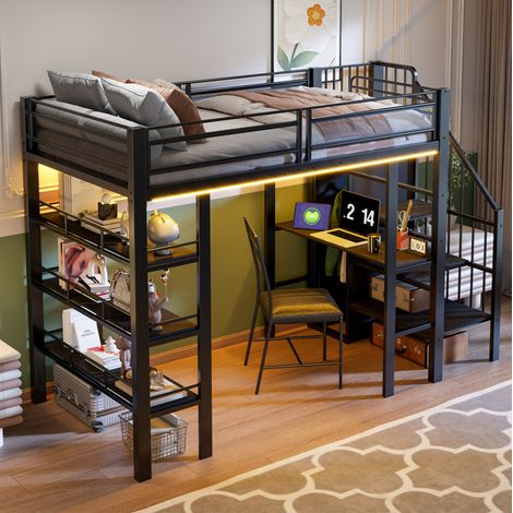 Lit mezzanine 90 x 200 cm en métal noir avec LED, prise, bureau, étagères et escalier réversible (1/5)
