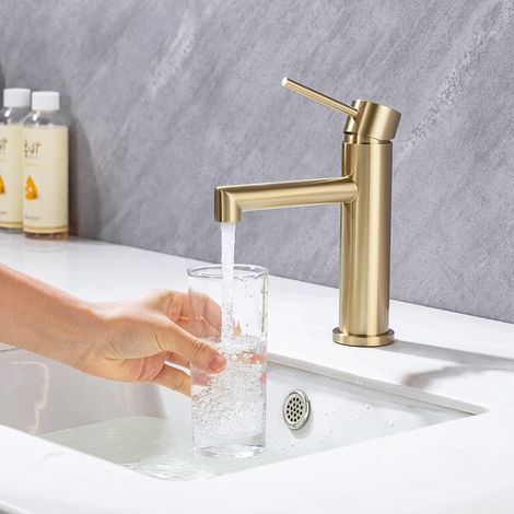 ONECE Grifo de Lavabo, Grifo Baño Monomando Dorado, Grifos Mezclador para Lavabo Anti-ruido, Grifo Lavabo de Acero Inoxidable 304, Aireador Extraíble, Agua Fría y Caliente, Válvula de Cerámica, Oro