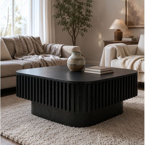 Couchtisch mit Stauraum, abnehmbarer Klappdeckel, gerilltes Design, MDF und Massivholzfurnier, Schwarz (1/5)
