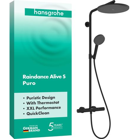 Colonne de douche avec mitigeur thermostatique, douche pluie (300 mm), douchette (3 jets), support, tuyau de douche, barre et tête de douche, Noir mat, 24592670 (1/5)