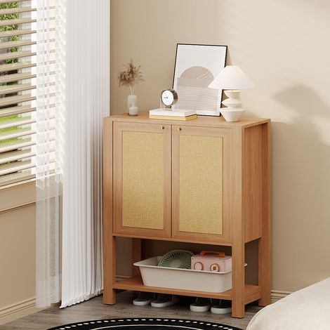 Banc à chaussures en bois – Façade en rotin, 5 niveaux – Étagères réglables, tablette ouverte – Rangement d’entrée élégant, style farmhouse – Couloir, salon – Chêne foncé (1/5)