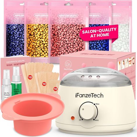 Chauffe Cire Epilation Kit épilation Cire: Inclure 500g Perle, 30 Spatules, 2 Huiles de Traitement et Silicone Bol, Facile Nettoyer Appareil Chauffe-cire Pour Corps Entier, Jambes,Visage, Sourcils (1/5)