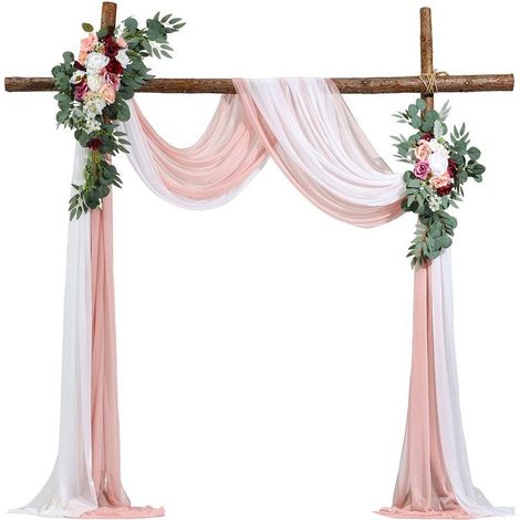 Kit Arche de Mariage 4 Pièces Fleurs Artificielles en Soie et Rideaux Translucides Déco Cérémonie Réception Blanc Rose (1/5)