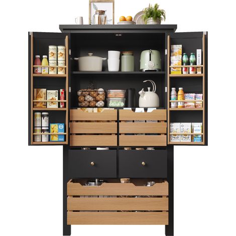 Colonne de cuisine 80x40x140cm - 2 portes et 5 tiroirs - MDF + Panneaux de particules - Noir + Naturel (1/5)