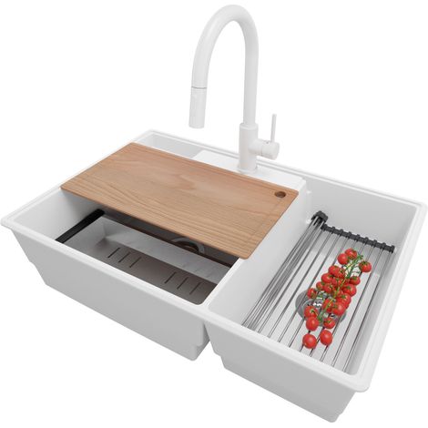 PRIMAGRAN Evier Cuisine en Granit 78x53cm,Lavabo 2 bacs + Robinet 40x20cm + Kit de Vidage + Accessoires, Évier à Encastrer au meuble 80cm - Paris, Blanc (1/5)