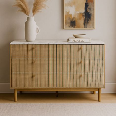 Credenza con 6 cassetti e superficie in legno scanalato e marmo 120 cm BROX