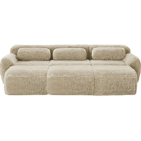 Modulares Sofa 3 Plätze aus Veloursstoff mit 3 Hocker, Rutschfeste Basis, Breite Sitzfläche, Hellkhaki (1/5)