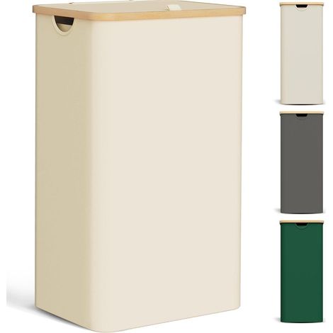 Wäschekorb Deckel Wäschesack Wäschesortierer Bambus Holz 85L Beige (1/5)