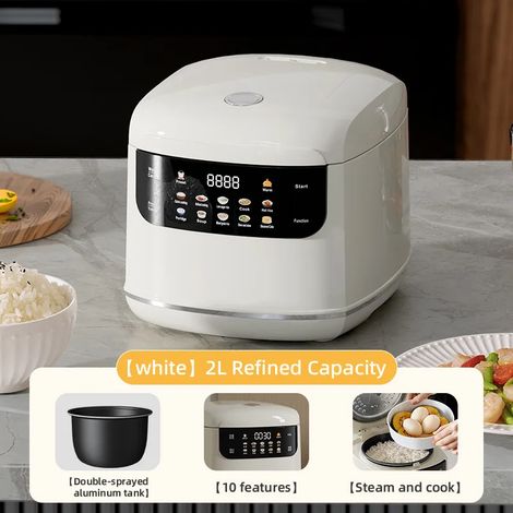 (Blanc) Cuiseur à riz intelligent 2L, peut cuire de la soupe, du porridge et de la vapeur, avec une fonction minuterie. (1/5)