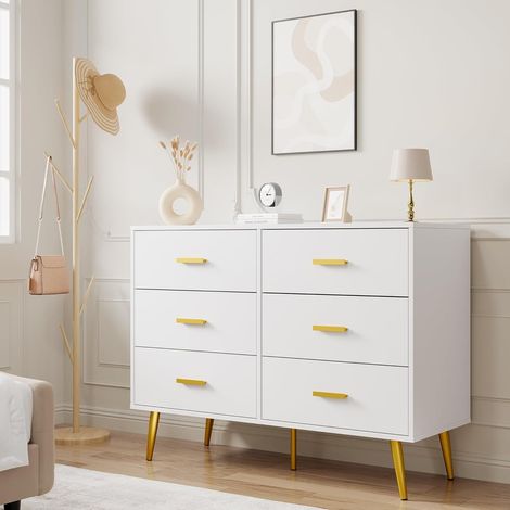 Commode Blanche 6 Tiroirs - Poignées Dorées et Pieds en Métal - Buffet Large 120 cm - Design Moderne Chic (1/5)