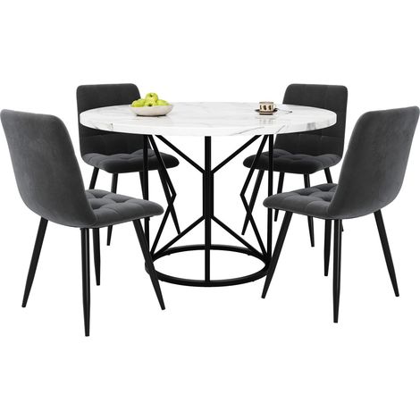 Ensemble table et chaises ronde 100cm (5 pièces) - Plateau MDF blanc - 4 chaises velours gris (1/5)