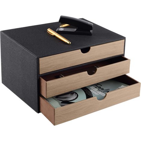Boîte à tiroirs de bureau avec 3 compartiments A4 fermés, en cuir PU, organisateur, ouverture en forme de U, coutures cousues à la main (noir) (1/5)