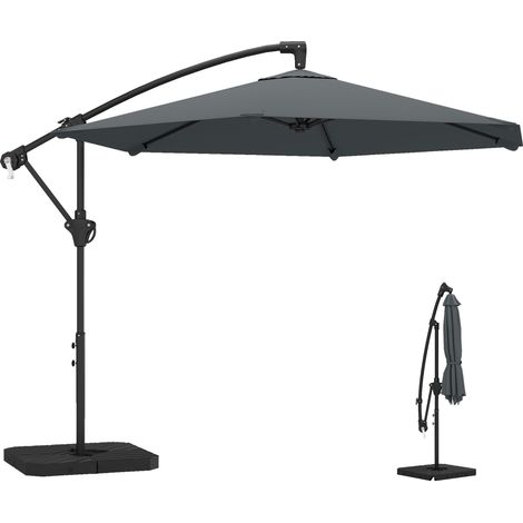 Parasol déporté à pied en croix, en métal et polyester, 302 x 295 x 242 cm, gris foncé, parfait pour profiter de l'ombre et de la protection solaire dans votre jardin, sur votre balcon ou à la plage