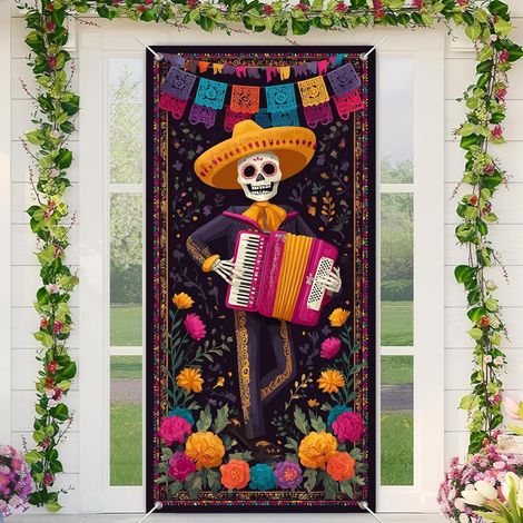 Rideau/drapeau de porte pour la Toussaint, orné de crânes et de fleurs colorés - Décoration mexicaine - 90 x 180 cm (œillets + ruban) - Style 10