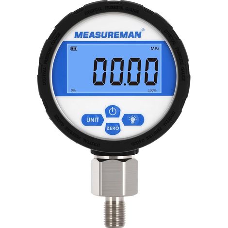 Manomètre industriel numérique, cadran 80 mm, raccord inférieur G1/4", boîtier et raccord en acier inoxydable, 0-16 bar, précision 0,4%, alimenté par batterie, avec éclairage LED. (1/5)