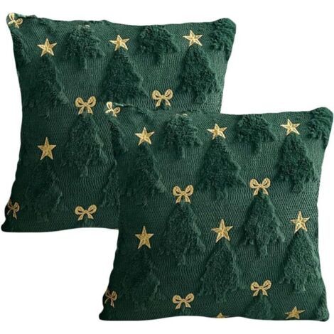 BUNTHAUS Housse de coussin brodée avec motif papillon et étoile à cinq branches, Taie d'oreiller en peluche douce motif sapin de Noël pour salon, chambre à coucher nœud vert 45×45CM