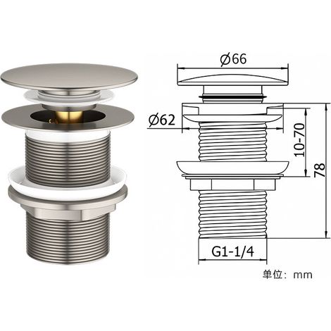 Bouchon de vidange d'évier à bouton-poussoir, grand bouchon de vidange en acier inoxydable, adapté aux salles de bains, cuisines et lavabos. (1/5)