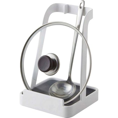 Relaxdays Soporte para cucharas y tapas de ollas, para encimera, HBT: 15 x 10 x 10 cm, metal y plástico, blanco