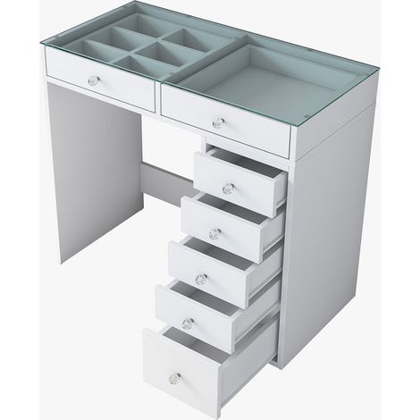 ELORIA Coiffeuse 7 tiroirs blanc avec plateau en verre (1/5)
