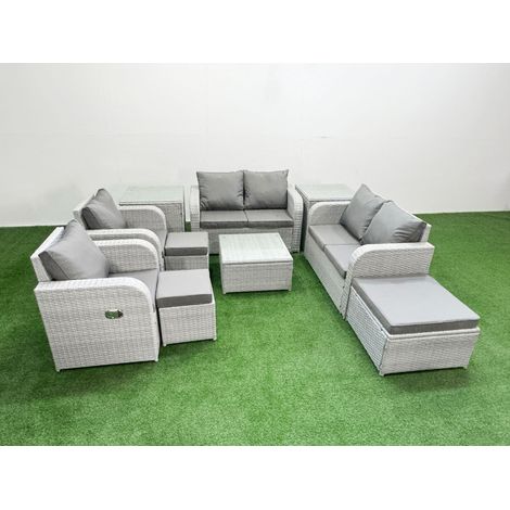 Fimous 9 Seater Outdoor Reclining Chair Love Sofa Set Rattan Garden Furniture Set with Square Coffee Table 3 Stools 2 Side Table Light Grey (1/4)