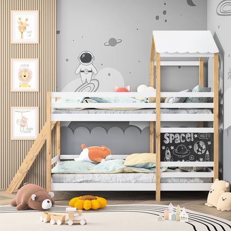 Strutture letto a castello 90x200cm, struttura in legno massello, scale e pannello graffiti, recinzione di sicurezza, rete a doghe, letto per bambini - Bianco+Naturale (1/5)