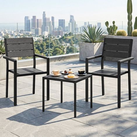 Conjunto de Jardín de 3 Piezas con 2 Sillas y Mesa de HDPE Diseño Listones Efecto Madera para Patio Balcón Negro (1/5)