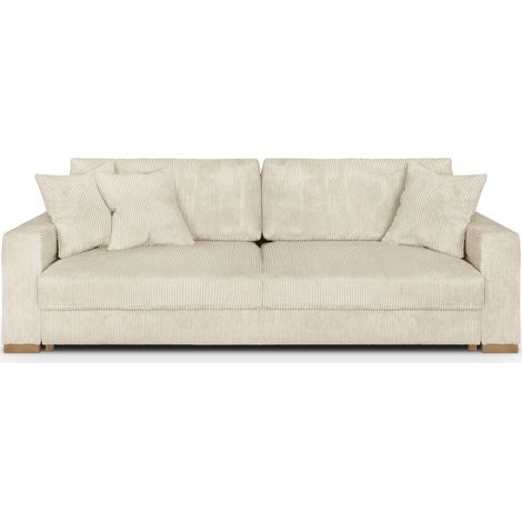Homifab – Canapé convertible 3 places velours côtelé beige – Couchage 138 x 184 cm – Structure pin massif – 3 coussins déco inclus (1/5)