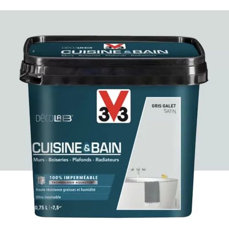 Peinture 100% imperméable Cuisine & bain V33 DécoLAB Gris galet 0,75 L (1/3)