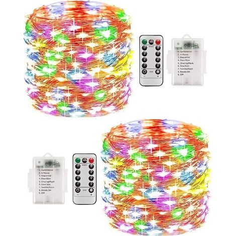 2 x 10 m guirlande lumineuse, étanche IP68, 200 LED multicolore, piles, extérieur jardin fête