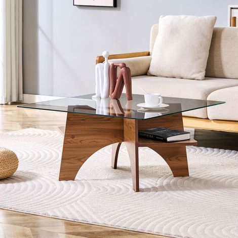 Table Basse 80 cm verre de sécurité Table de Salon forme carrée pieds en MDF aspect bois noyer (1/5)