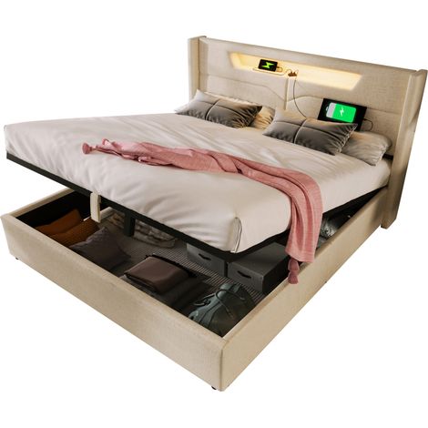 Lit coffre en lin beige 140x200 cm avec LED, ports USB + Type-C et sommier à lattes inclus (1/5)