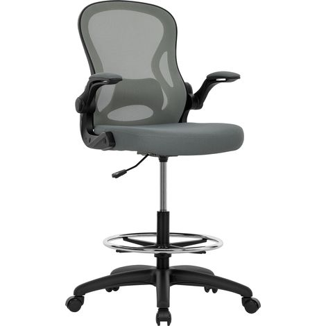 Vinsetto Drafting Chair, Ergonomic Tall Office Chair with Flip-up Armrests, Mesh Back, Lumbar Support, Adjustable Height and Foot Ring, Swivel Wheels, for Standing Desk, Charcoal Grey