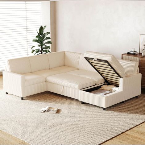 Sofá esquinero U (274x220x85 cm), con función cama y almacenamiento, cord beige (1/5)