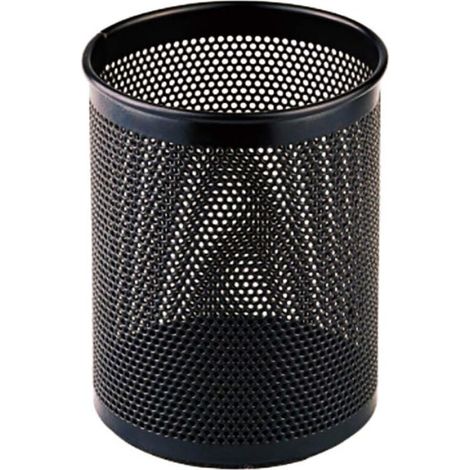 Schwarzer Stiftehalter für den Schreibtisch aus recycelbarem Material, mit Drahtgeflechtstruktur, industriellem Aussehen und glatten Kanten an beiden Seiten.