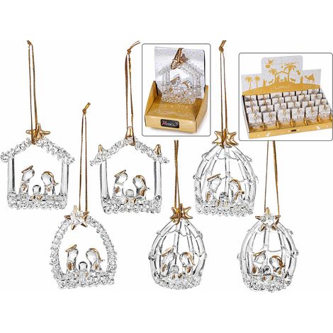 Presepe / Sacra Famiglia in vetro con dettagli dorati e cordino per da appendere, set da 24 pezzi, Presepe: cm 4,5 x 2 x 5 H