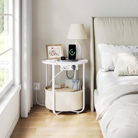 WOLTU Tavolino da Divano, Tavolino da Caffè, con Cestino Rimovibile, 2 Prese, 1 Porta USB e 1 Porta Type-C, Rotondo, Bianco+Beige