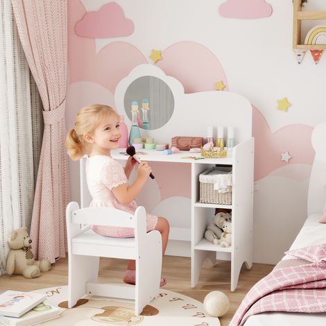 Tocador de Maquillaje Niña 2 en 1 Escritorio con Taburete Espejo Estantes Abiertos para Niños +3 Años Blanco (1/5)