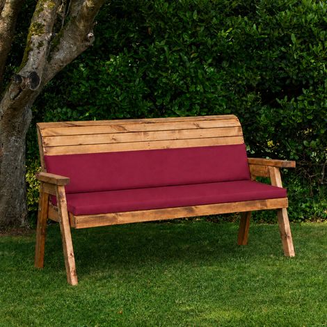 3 Seater Chunky Rustic Wooden Garden Bench & Waterproof Burgundy Cushions (1/5)