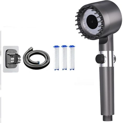 Pommeau de Douche Haute Pression Anti-Calcaire - 4 Types de Jets - Tuyau 1,5m - Support - Bouton Arrêt - Gris (1/4)