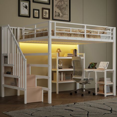 Lit mezzanine en métal 140x200 cm - Avec bureau et échelle de rangement - Port USB et éclairage LED - Blanc (sanas matelas)