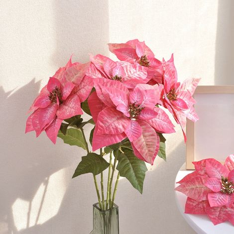 Poinsettia - Fleur Artificielle - Décoration Intérieure Noël - Bouquet avec Vase - Hauteur 75 cm - Rouge Rose Vert - Lot de 1 (1/5)