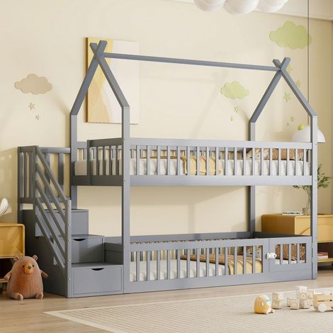 Letto a castello per bambini 90x200 cm in legno massello con tetto, scala di sicurezza e cassetti di stoccaggio, letto singolo, grigio